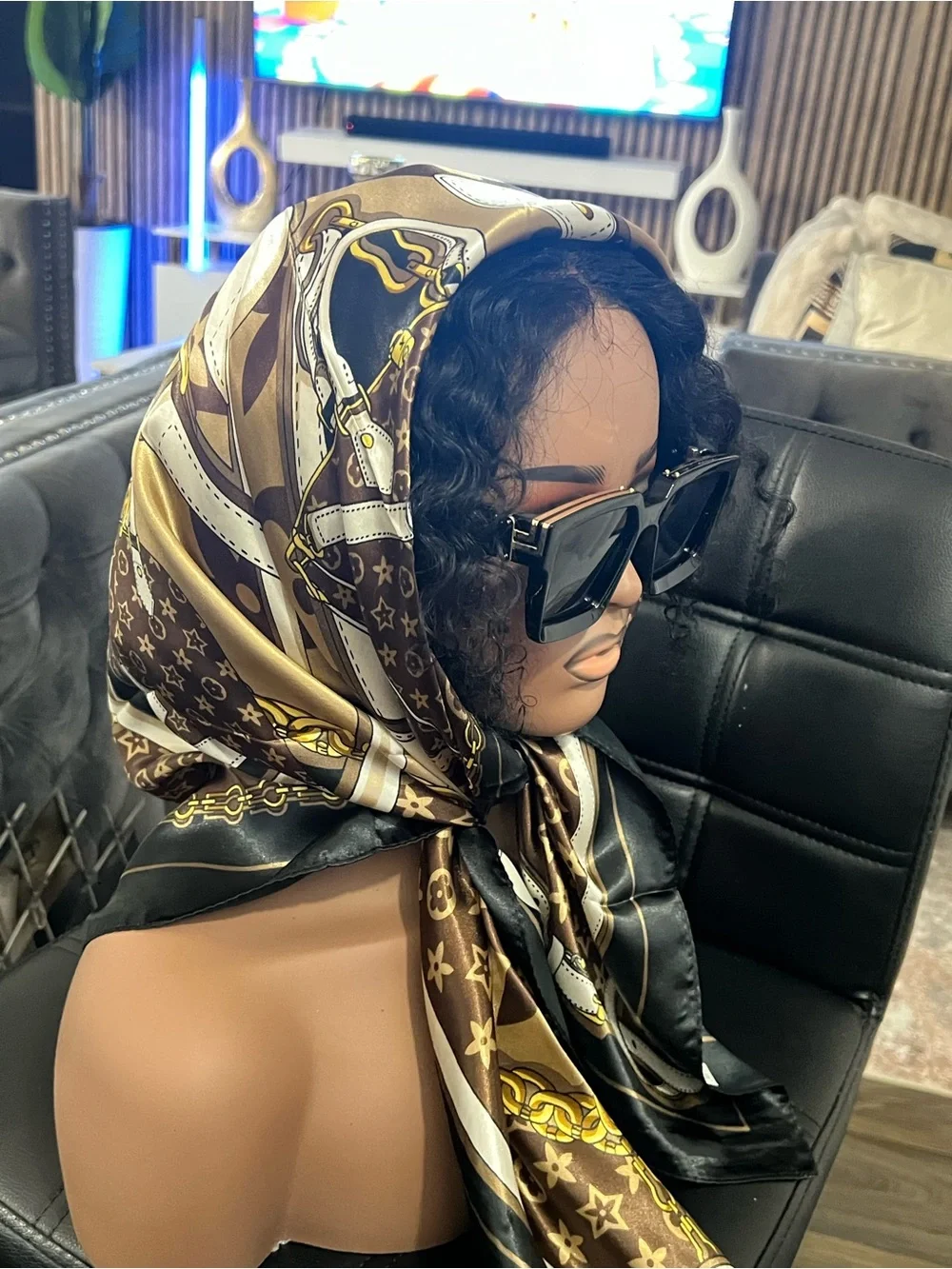 Designer-Inspired Brown Satin Chain & Monogram Scarf - Women Accessories